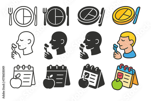 Healthy Eating Icon Set. Icon Set of Healthy Eating Habits: Portion control plate, Mindful eating, Meal planning. Icons set in vector style, emblematic