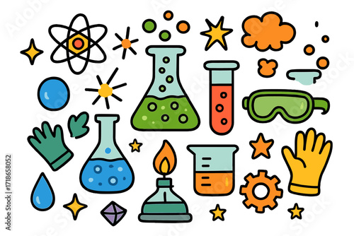 Colorful Chemistry Doodles. Chemical reaction. Colorful Hand-drawn doodle Children illustration bubbling flask, test tube, spark, atom, droplet, beaker,
