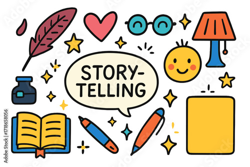 Colorful Storytelling Icons. Storytelling. Colorful Hand-drawn doodle Children illustration book, feather quill, ink bottle, speech bubble, heart, star,