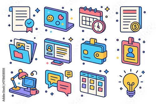 Freelance Icon Set. Freelancing. Colorful isometric vector icons set of freelancing: freelance contract, laptop with stickers, project deadline calendar,