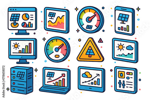 Solar Analytics Icons. Colorful isometric vector icons set of entrepreneurship workshops: business plan notebook, lightbulb pitch idea, cash flow chart,