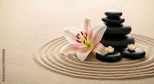 Zen garden, spa, relaxation, serenity, peace, tranquility, balance, meditation, mindfulness, wellness, harmony, calm, spa treatment, massage, yoga, flower, lily, stones, pebbles, candles, sand, z