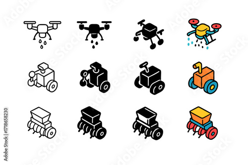 Autonomous Farming Icons. Autonomous Agriculture (Farming Robots)Icon Set of Autonomous Agriculture Robots: Drone sprayer, Harvesting robot, Seeding machine.