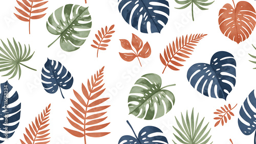Watercolor illustration of various tropical leaves scattered across a white background.