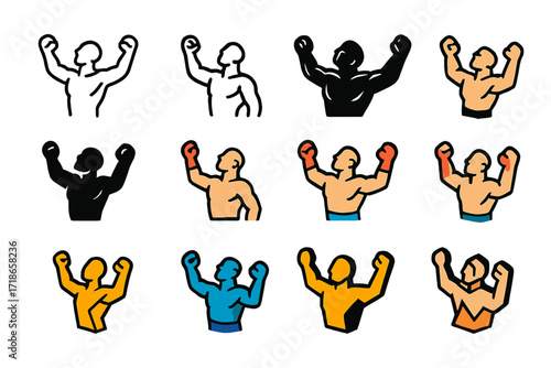 Fighter Victory Logos. Set Logo of Fighter Victory: emotional fighter moment. Logo set in vector style, emblematic variations. line, bold thick line, solid