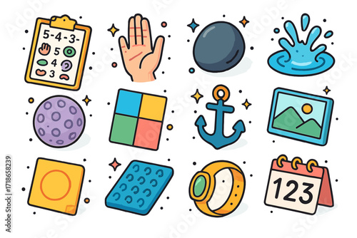 Colorful Grounding Techniques Icons. Colorful isometric vector icons set of grounding techniques: five-senses chart, hand tracing guide, grounding stone, cold