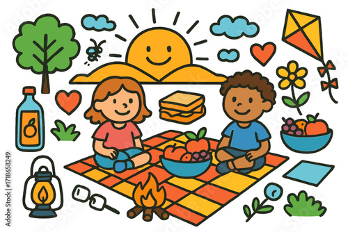 Sunset Picnic Doodle. Colorful Hand-drawn doodle Children illustration Sunset picnic sun setting, heart, juice bottle, sandwiches, blanket, flower, cloud,