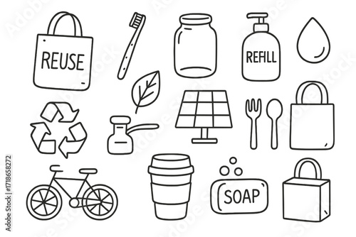 Eco-Friendly Icons Doodles. Hand-drawn doodle illustration Eco-friendly consumer products [reusable bag, bamboo toothbrush, glass