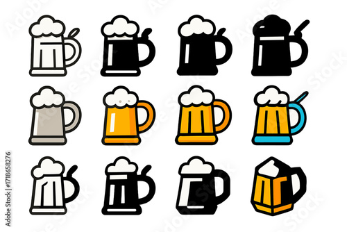 German Beer Stein Logos. Set Logo of Food culture and traditions: German beer stein with foam. Logo set in vector style, emblematic variations. line, bold