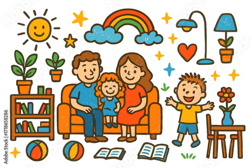 Joyful Family Living Room. Colorful Hand-drawn doodle Children illustration Family in Open Living Room sofa, bookshelf, dining