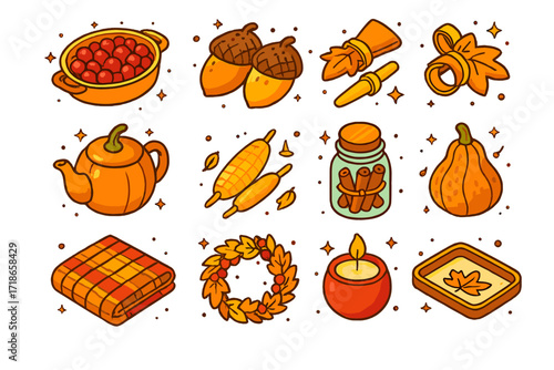 Autumn Kitchen Icons. Colorful isometric vector icons set of Autumn kitchen decor: cranberry dish centerpiece, acorn salt shakers,