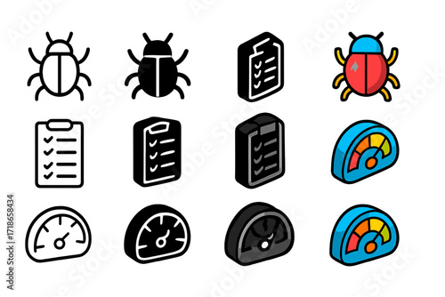 Testing Icon Set. Icon Set of Testing and QA: Bug icon, Test checklist, Performance meter. Icons set in vector style, emblematic variations. Bug icon line, Bug