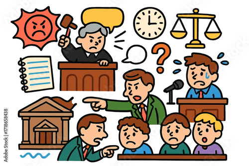 Courtroom Drama Doodles. Colorful Hand-drawn doodle Children illustration Tension in courtroom [judge, defendant, lawyer, jury, courthouse, gavel, angry face,