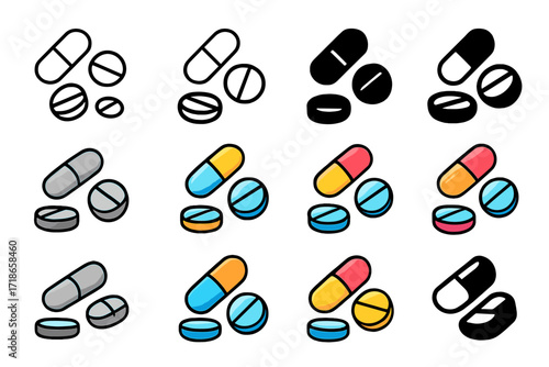 Colorful Pill Logos. Set Logo of Withdrawal Symptoms: scattered pills. Logo set in vector style, emblematic variations. line, bold thick line, solid black