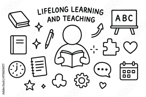 Lifelong Learning Icons. Hand-drawn doodle illustration Lifelong learning and teaching [figure with book, notebook, pen, blackboard, puzzle piece, arrow, light