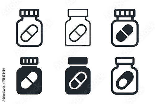 Medicinal Logos Grid. Pharmaceuticals. Set Logo of Pharmaceuticals: Medicine bottle. harmonious logo variations of the same emblematic concept, each with