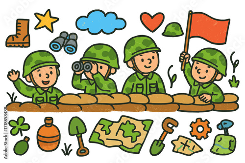 Trench Team Doodle. Team in trenches. Colorful Hand-drawn doodle Children illustration soldiers, trench, flag, boots, helmet, star, heart, binoculars, canteen,