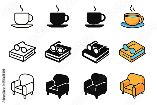 Relaxed Reading Icons. Icon Set of Relaxed Reading: Coffee cup, Glasses on paperback, Armchair. Icons set in vector style, emblematic variations. Coffee cup