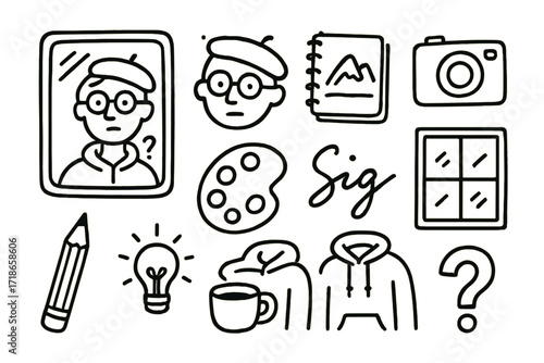 Creative Self-Portrait Doodles. Hand-drawn doodle illustration self-portrait mirror, face, sketchbook, camera, pencil, palette, signature, expression icon,