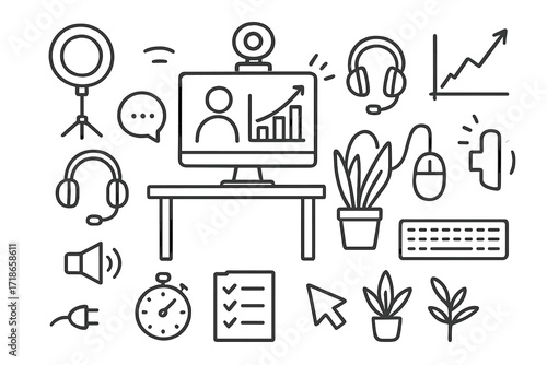 Online Presentation Setup Essentials. Hand-drawn doodle illustration Online presentation setup monitor, webcam, lighting ring,