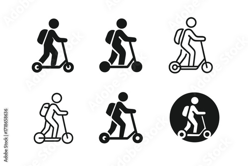 Electric Scooter Logos. Using an electric scooter to commute in the city. Set Logo of Using an electric scooter to commute in the