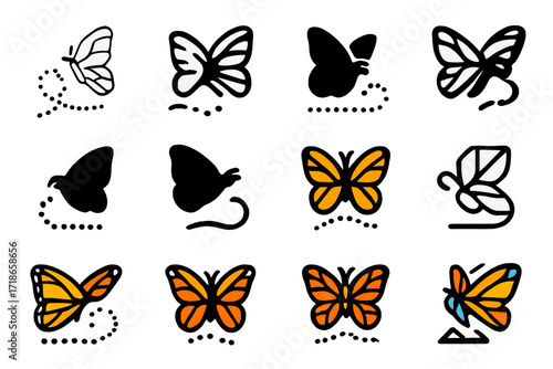 Monarch Migration Logos. Set Logo of Migration Routes: Monarch butterfly trail. Logo set in vector style, emblematic variations. line, bold thick line, solid