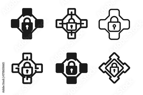 Blockchain Logo Variations. Blockchain. Set Logo of Blockchain: Encrypted block. harmonious logo variations of the same emblematic concept, each with different