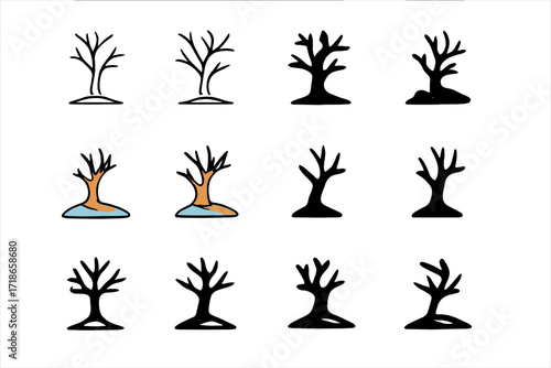 Barren Tree Logo Collection. Set Logo of Barren Tree: Deserted Tree in Wasteland. Logo set in vector style, emblematic variations. line, bold thick line, solid