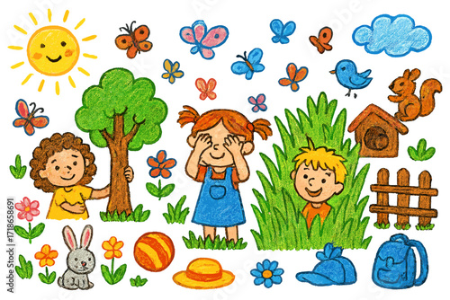 Playful Field Adventure. Colorful Hand-drawn doodle Children illustration Playing Hide and Seek in the Fields tall grass, trees, children hiding, butterflies,