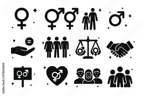 Gender Equality Icons. Gender Equality. Solid icons set of female symbol, male symbol, gender-neutral symbol, equal pay, diverse workplace, balance scale,