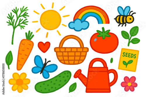 Colorful Garden Doodles. Colorful Hand-drawn doodle Children illustration Dill and Vegetables [dill sprig, carrot, tomato, cucumber, basket, flower, sun,