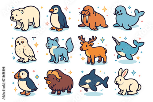 Colorful Arctic Animals. Arctic animals. Colorful isometric vector icons set of arctic animals: polar bear, penguin, walrus, seal, snowy owl, arctic fox,