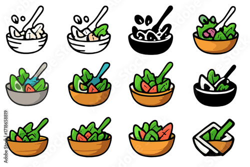 Fresh Salad Logos. Set Logo of preparing a fresh salad with avocado, tomatoes, and greens: Wooden salad bowl. Logo set in vector style, emblematic variations.