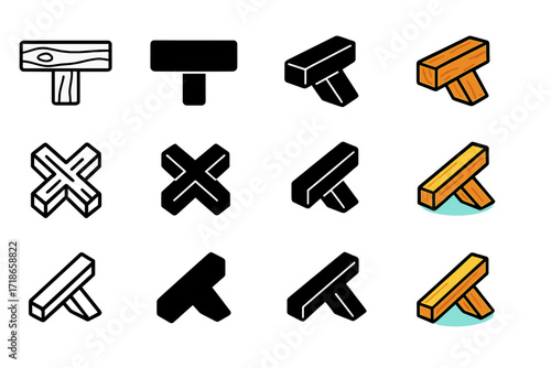 Exposed Beams Icon Set. Icon Set of Exposed Beams Interiors: Wooden ceiling beam, Cross beam joint, Slanted roof beam. Icons set in vector style, emblematic