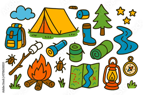 Camping Adventure Doodle. Colorful Hand-drawn doodle Children illustration Camping Site tent, backpack, campfire, marshmallow