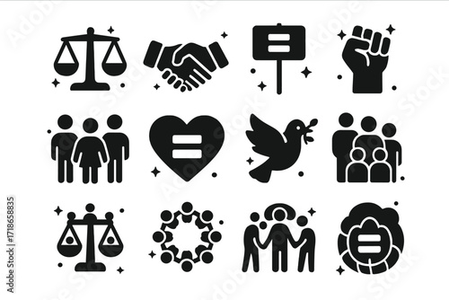 Social Equality Icons. Social Equality. Solid icons set of justice scale, handshake, equality symbol, protest sign, raised fist, diverse group, heart with