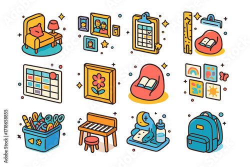 Home Icons Collection. Colorful isometric vector icons set of Home environment and identity shaping: cozy corner nook, family photos on wall, chore reward
