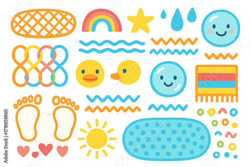 Colorful Kids' Bath Mat. Colorful Hand-drawn doodle Children illustration Colorful bath mat patterns colorful loops, rainbow shapes, stars, drops, water lines,