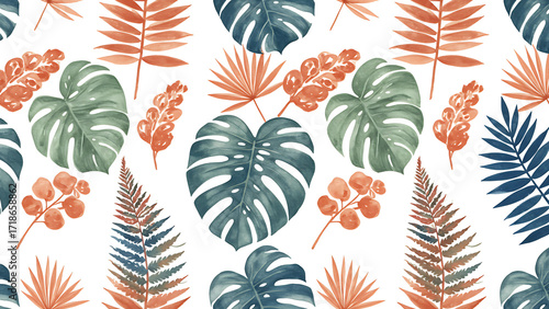 Watercolor illustration featuring a seamless pattern of tropical leaves, including monstera and fern, in shades of green, blue, and orange on a white background.