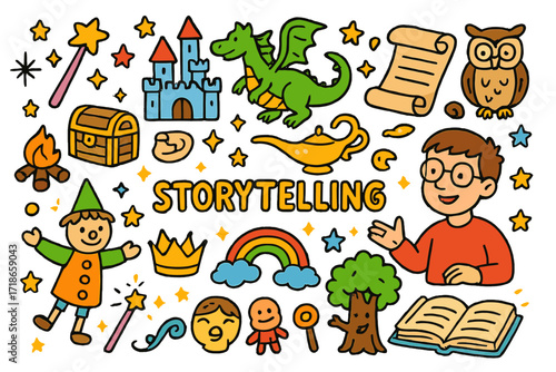 Whimsical Storytime Icons. Storytelling. Colorful Hand-drawn doodle Children illustration Storytelling open book, fairy wand, castle, dragon, treasure chest,