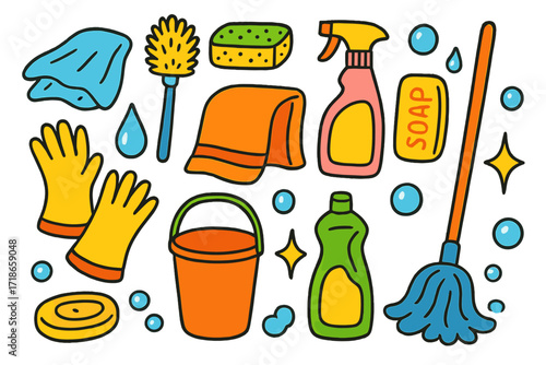 Colorful Bathroom Cleaning Icons. Bathroom Cleaning. Colorful Hand-drawn doodle Children illustration damp rag, toilet brush, sponge, spray bottle, soap,
