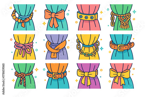 DIY Curtain Tie Icons. Colorful isometric vector icons set of DIY curtain tie ideas: rope with beads, fabric bow, buttoned strip,