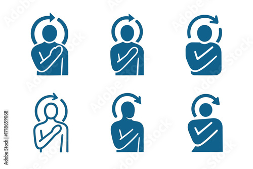 Mobility Logo Variations. Mobility exercises. Set Logo of Mobility exercises: rotating shoulder. harmonious logo variations of the same emblematic concept,