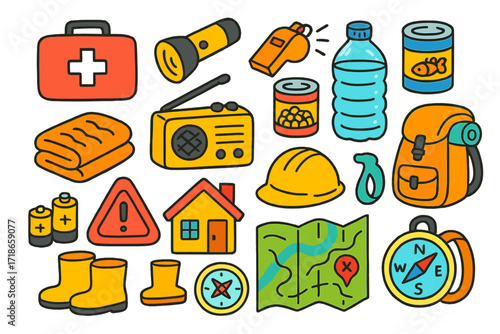 Doodle Disaster Preparedness. Colorful Hand-drawn doodle Children illustration Natural disaster safety [first aid kit, flashlight,