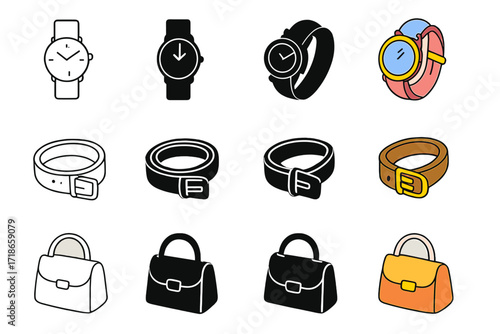 Couple's Accessories Icons. Icon Set of Couple's accessories: watches, belts, handbags. Icons set in vector style, emblematic variations. Watches line, watches