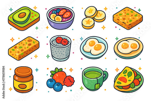 Healthy Breakfast Icons. Colorful isometric vector icons set of healthy breakfast foods: avocado toast, smoothie bowl, Greek yogurt cup, banana slices, granola