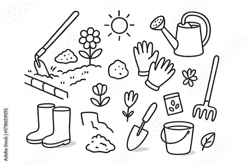 Garden Tools Doodle. Hand-drawn doodle illustration Hoeing in a flower bed hoe, blooming flower, garden edge, mulch pile, gloves, boots, sun, watering can,