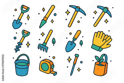 Tree Planting Tools Icons. Colorful isometric vector icons set of Tools for tree planting: spade, dibber, hoe, pickaxe, soil auger, rake, hand trowel, gloves,