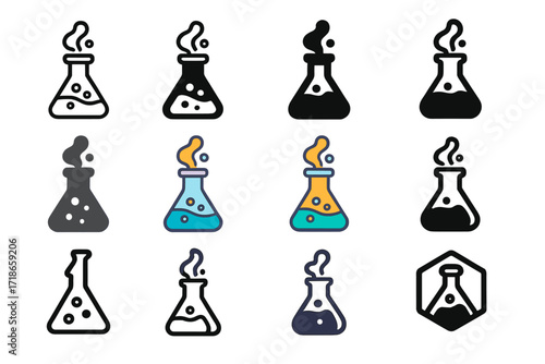 Flask Logo Variations. Set Logo of Flasks: Flask with bubbling potion and vapor. Logo set in vector style, emblematic variations. line, bold thick line, solid