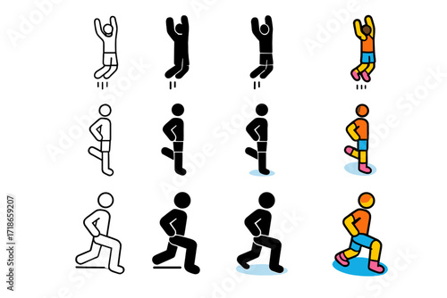 Jump Dynamics Icons. Icon Set of Jumping Dynamics: Vertical leap, Ankle extension, Hip drive. Icons set in vector style, emblematic variations. Vertical leap
